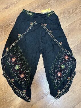 Black Embroidered Harem Wrap Pants with Floral Detail & corset tie front